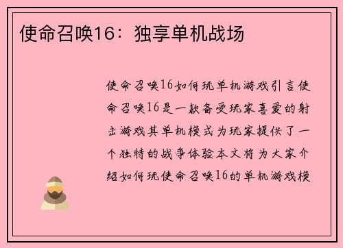 使命召唤16：独享单机战场